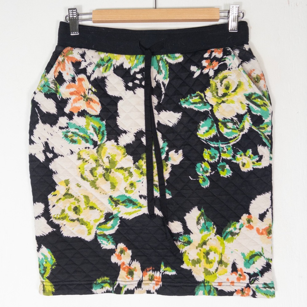 Lilka Anthropologie Soft Quilted Skirt Womens S Black Floral Drawstring Waist